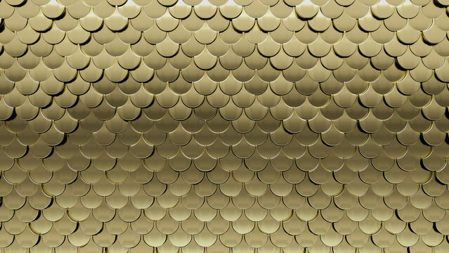 Luxurious Tiles arranged to create a 3D wall. Polished, Gold Background formed from Fish Scale blocks. 3D Render