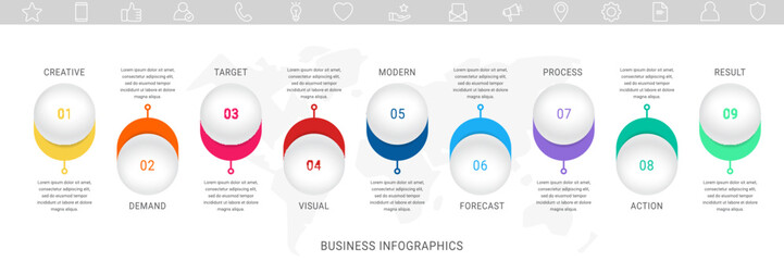 Business vector process. Modern infographic with 8 circles steps, options, parts. Template illustration.