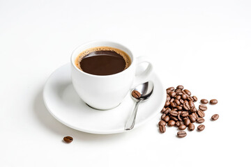 Coffee cup with coffee beans and spoon