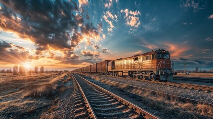 Obraz premium Freight train on railway track at sunset with dramatic clouds