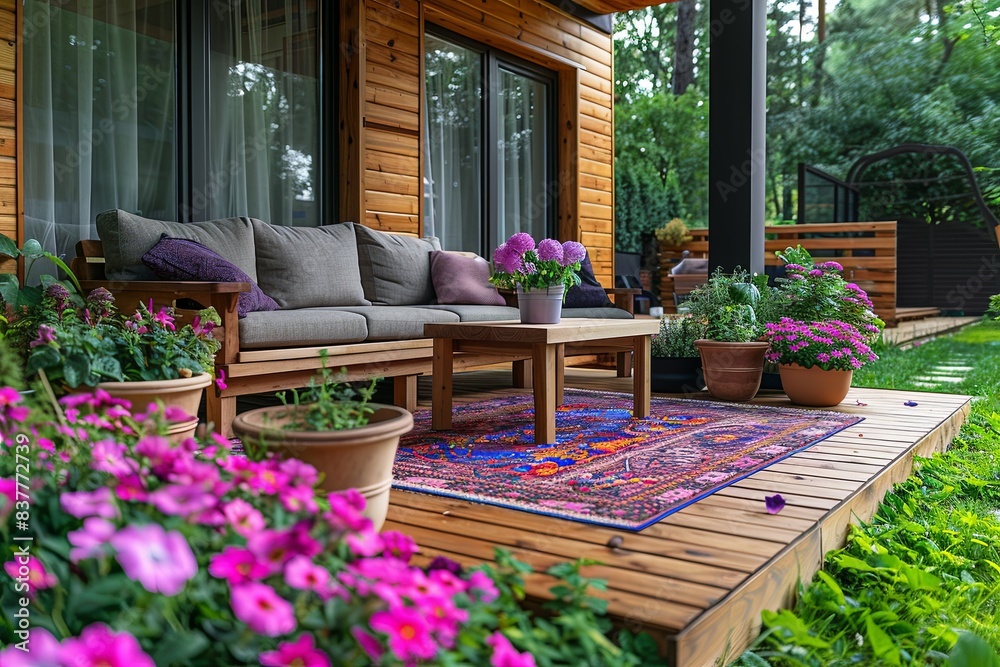 Sticker modern outdoor porch with wooden furniture and curtains.