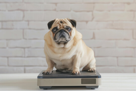 cute very fat pug sitting on top of an electric scale, chubby body . isolated on light grey background. Obesity, overweight, diet, pet care