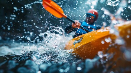 Fototapeta premium Rapid Adventure: Close-up of a kayaker paddling through rapids, capturing the dynamic motion and water splashing around, framed in vibrant colors for an exhilarating river experience.