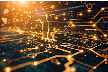 Close-up of a glowing circuit board, illustrating a complex network of electronic pathways with vibrant orange and yellow lights.