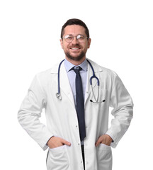 Fototapeta premium Portrait of smiling doctor isolated on white