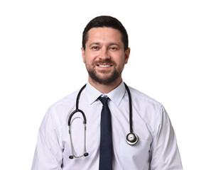 Fototapeta premium Portrait of happy doctor with stethoscope on white background