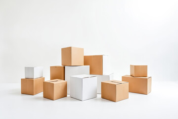 Obraz premium Cardboard boxes stacked on white background