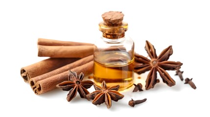 Glass bottle of essential oil with cinnamon sticks and star anise on white background. Aromatherapy. AI