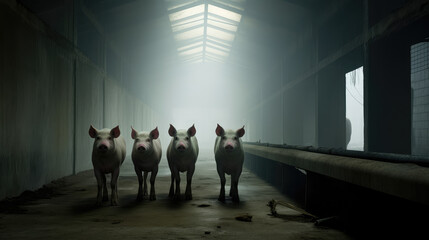 Four Pigs in a Dimly Lit Barn