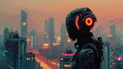 Cyborg Ethics in a Futuristic Cityscape.