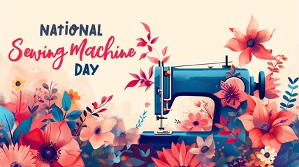 a festive modern poster with an illustration of a sewing machine and flowers in the style of a flat stock illustration and the inscription "Sewing Machine Day"