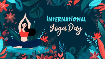 a festive modern poster with an illustration of a woman doing yoga in nature in the style of a flat illustration and the inscription "International Yoga Day"	
