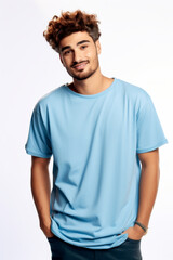 Obraz premium Latin american latino man wearing plain pure light blue blank oversized crew neck loose t-shirt isolated on white background