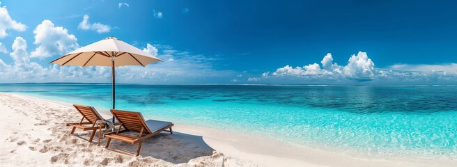 Luxurious Beach Getaway on Serene White Sand Beach, Unwind Under Umbrella