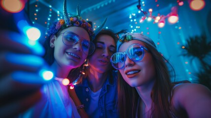 Friends with whimsical accessories enjoying a festival atmosphere as they pose with fairy lights for selfies