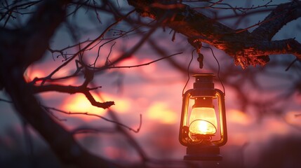 Vintage Lantern Hanging from Tree Branch at Dusk