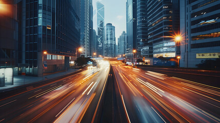 Fototapeta premium Light flow of traffic on a evening highway in a city with modern high buildings