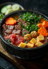 Shabu-Shabu - Thin slices of beef and vegetables cooked in a pot of boiling water and served with dipping sauces