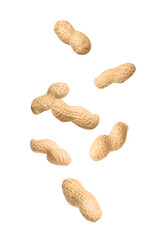 Unpeeled peanuts in air on white background