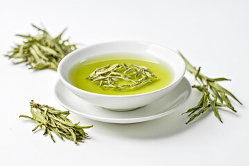 Green Tea Leaves Infused in a White Teacup