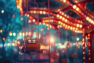Nighttime amusement park lights, close up, focus on, copy space, glowing hues, Double exposure silhouette with sparkling attractions