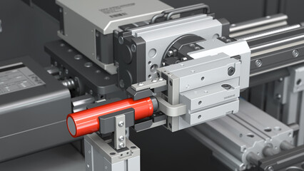 Automated modern production system. Mechanical robots assembling parts. Red accent on the product. 3d illustration