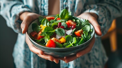 Mindful eating of a fresh, colorful salad, savoring each bite