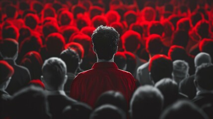Fototapeta premium man in red jacket standing out from a crowd of people, concept of individuality 