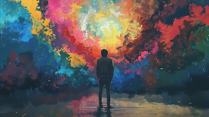 silhouette of a person looking at colorful, abstract clouds