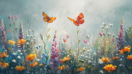 Obraz premium Delicate wildflowers and orange butterflies painted with oil paints