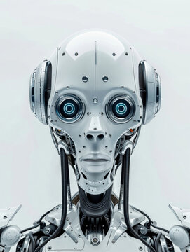 Detailed close-up of humanoid robot head and shoulders. Generative AI image