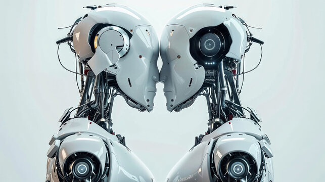 Futuristic concept with mirroring robotic heads. Generative AI image