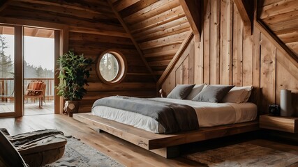 a luxurious cozy bed in a wooden house