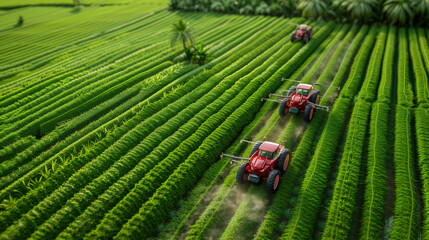 A Smart Farm with Automated Tractors and Drone Surveillance Over Lush Green Fields, Showcasing Advanced Agricultural Technology