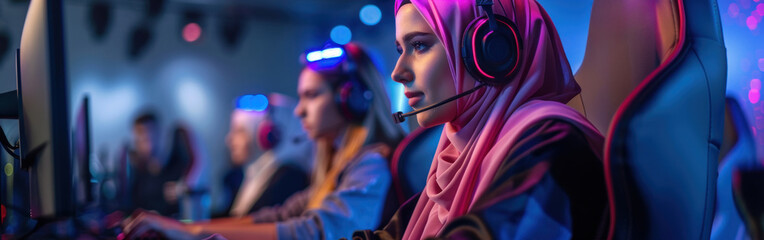 A diverse group of people, including female Muslim cybersport players, are seated in front of a computer monitor, intensely analyzing data and discussing strategies