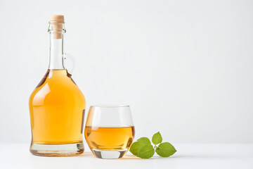 Glass Bottle and Glass of Liquor with Green Leaf on White Background