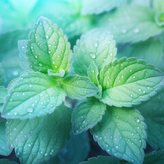 Fresh Mint Leaves with Dew Drops, Close-Up, Lush Green Foliage, Refreshing Herbal Texture
