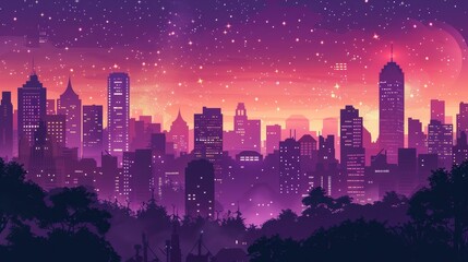 Illustration with architecture, city skyline, megapolis, silhouette, night skyline