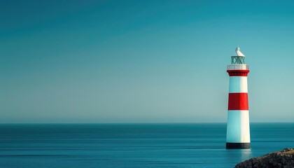 Fototapeta premium Red and white lighthouse, summer day, clear blue sky close up, focus on, copy space Double exposure silhouette with vibrant coastline
