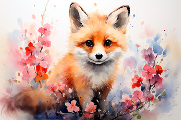 A cute little red fox, an illustration in watercolor technique
