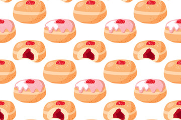 Berry Bakery doughnut Seamless pattern. Cartoon flat vector illustration. Traditional food for Jewish Holiday Hanukkah. Jewish Festival Repeated vector For wallpaper, wrapping, textile, scrapbooking