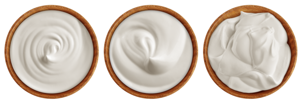 Sour Cream in wooden bowl, Mayonnaise, Yogurt, isolated on white background, full depth of field