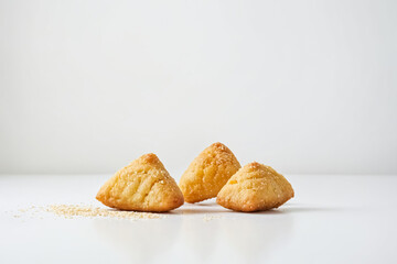 Fototapeta premium Closeup of three crispy, golden-brown pastries on a white surface with sesame seeds sprinkled around them