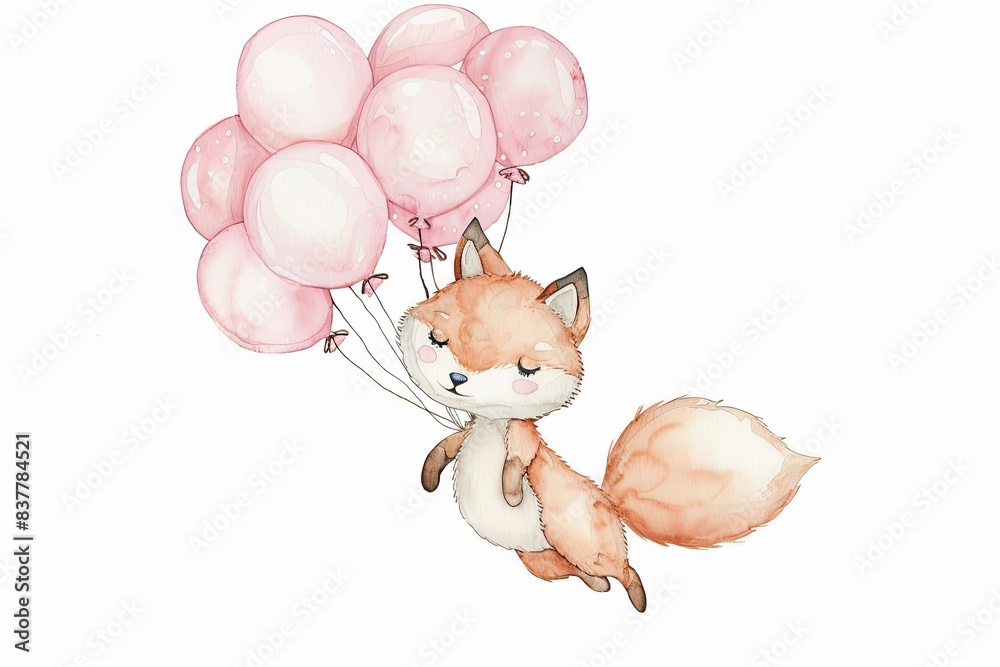 Canvas Prints Watercolor Clipart Cute Nursery Fox Floating from a Pack of Pink Balloons