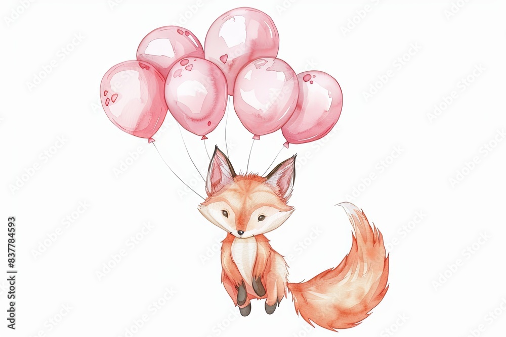 Canvas Prints Watercolor Clipart Cute Nursery Fox Floating from a Pack of Pink Balloons