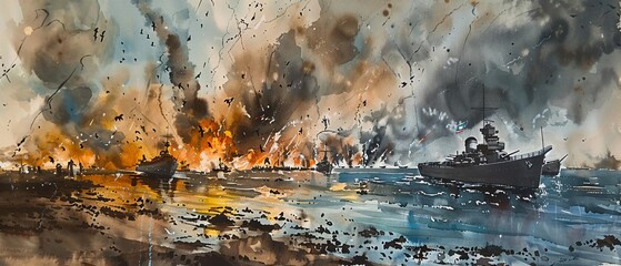 Valor Unleashed: Emotional Watercolor of D-Day Invasion with Landing Crafts Amid Explosions