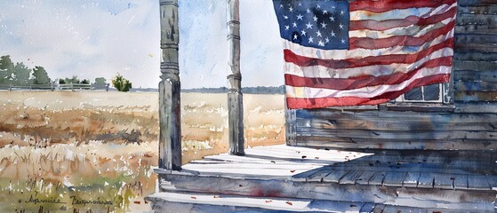 Patriotism in Pastels: Watercolor Painting of American Flag on Wooden Porch for Flag Day Celebration in Small Town