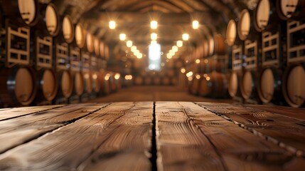 Beautiful wooden barrels storage room. Warm lighting and rustic interior. Perfect for showcasing aged wine or whiskey atmosphere. Great for advertising. AI