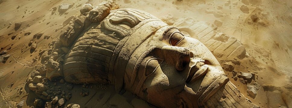 Ancient, massive stone statue partially covered in sand generated by AI