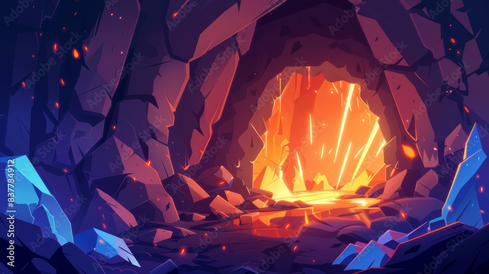 Wall mural the dark cave of a mountain contains hot lava. modern cartoon illustration of volcanic lava, molten 